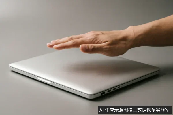 一只手掌悬停在一台闭合的银色笔记本电脑上方,呈现出阻止或覆盖的姿态。画面背景简洁,无屏幕显示或文字,强调对设备操作的制止与停止动作。