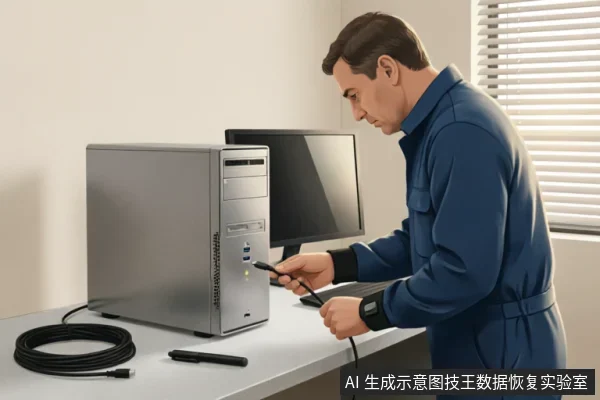 一名身穿蓝色连体工作服的技术人员正站在桌前,手持黑色线缆连接至银色台式机主机的前置接口。桌面上放置有显示器、卷起的线缆及一支笔,人物佩戴防静电腕带,展示了排查外部连接或进行硬件检测的场景。