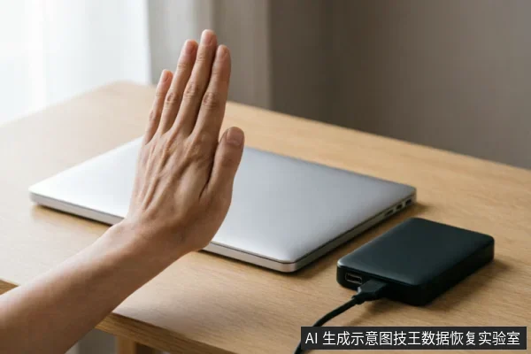 一只手掌在闭合的银色笔记本电脑前做出停止手势,旁边连接着黑色移动硬盘,直观表达在数据异常时立即停止读写操作、避免进一步写入的核心止损原则。