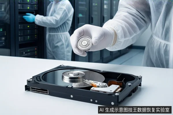 洁净室白色桌面上,前景平放一块打开外壳的机械硬盘,露出盘片与磁头组件。右侧一双戴白手套的手持一个圆形金属磁头组件悬停在硬盘上方。背景中一名穿无尘服的技术人员站在服务器机柜旁。