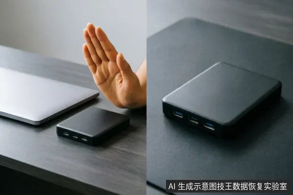 左侧画面展示一只手在闭合的笔记本电脑和黑色移动硬盘旁做出停止手势,示意立即断电;右侧为该移动硬盘侧面的特写,清晰展示了三个USB接口。