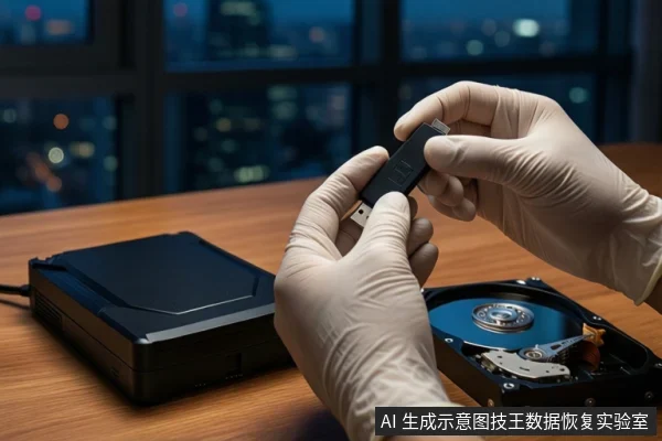 木质桌面上,前景一双戴白手套的手正在插拔一个黑色USB接口,右侧平放一块打开外壳的机械硬盘,左侧放置一个黑色外接硬盘盒,背景为模糊的城市夜景。