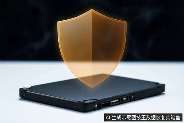 白色台面上平放一块黑色矩形存储设备，设备上方悬浮一个发光的半透明盾牌图形，背景为深色，无可见文字或操作动作。