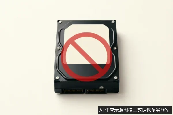 一个黑色的机械硬盘平放在白色背景上,硬盘表面覆盖着一个巨大的红色禁止符号(圆圈加斜杠),直观地传达出停止操作、禁止通电或严禁使用的警示信息。