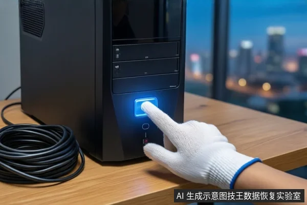 木质桌面上放置一台黑色台式主机，左侧盘绕着黑色线缆。一只戴白色手套的手正按压主机前部发蓝光的电源按钮，背景为模糊的窗户和城市夜景。