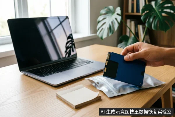 一只手持蓝色机械硬盘,下方垫有银色防静电屏蔽袋,准备放入透明密封包装中。背景为木质桌面、一台笔记本电脑及便利贴,展示了数据恢复寄修前对故障硬盘进行规范打包的场景。