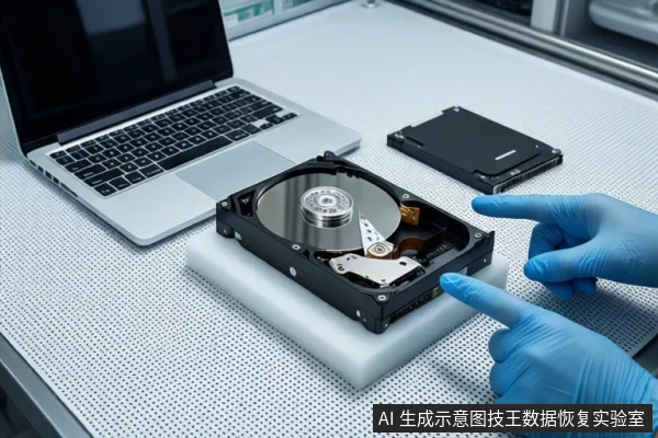 白色防静电工作台上,左侧是一台银色笔记本电脑,中间白色泡沫垫上平放一块打开外壳的机械硬盘,右侧是一块黑色固态硬盘。前景一双戴蓝色手套的手伸出食指指向机械硬盘。