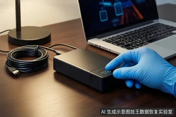 深色木桌上,一只戴蓝色手套的手正按压黑色外接硬盘盒的电源按钮。左侧有一根盘绕的USB线缆,背景是一台银色笔记本电脑和一盏台灯。