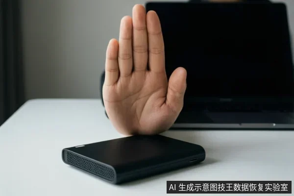 白色桌面上放置一个黑色移动硬盘,后方有一只手掌做出停止手势,背景为模糊的笔记本电脑。