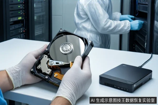 洁净室白色桌面上,前景一双戴白手套的手持握一块打开外壳的机械硬盘,右侧平放一个黑色外接硬盘盒。背景中一名穿无尘服的技术人员站在服务器机柜旁。