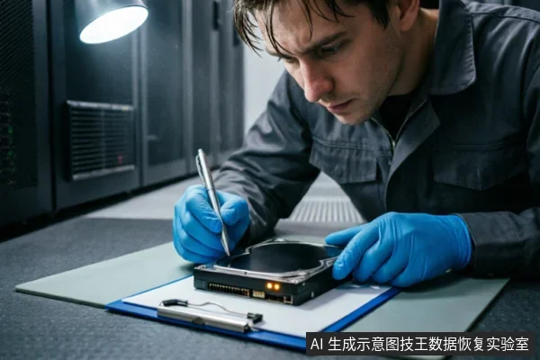 一名身穿工装、戴着蓝色防静电手套的技术人员，在服务器机房背景下专注地检查一块裸露的机械硬盘。他一手按住硬盘，另一手持笔在垫板上的记录板上书写，旁边放有螺丝刀等工具，展现了专业硬件检测与数据记录的现场。