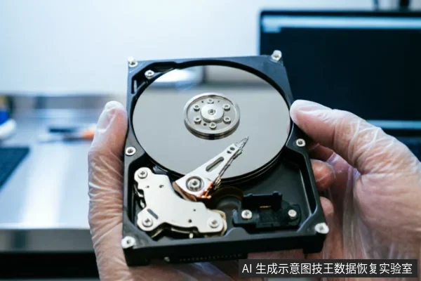 戴着透明防护手套的双手托举着一块已打开外壳的机械硬盘,清晰展示出内部的磁盘盘片、金属读写臂及中心转轴结构。背景为模糊的办公或维修环境,体现了对硬件内部结构的直观展示。