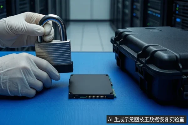 蓝色防静电垫上平放一块黑色固态硬盘,左侧一双戴白色手套的手正握持一把银色挂锁,右侧放置一个闭合的黑色防震箱,背景为模糊的服务器机柜。