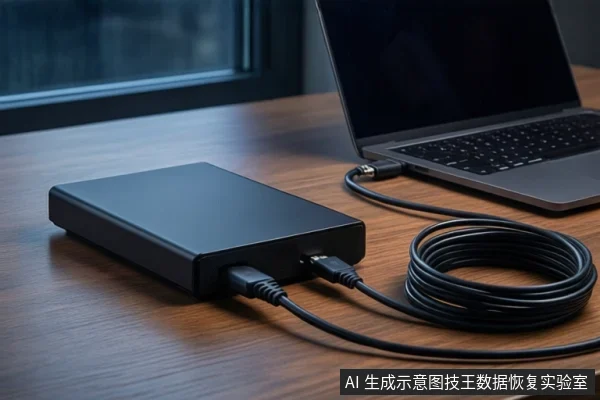 深色木桌上平放一个黑色外接硬盘盒，右侧连接一根黑色线缆至一台打开的银色笔记本电脑，前景盘绕一根黑色USB线缆，背景是夜晚的窗户。