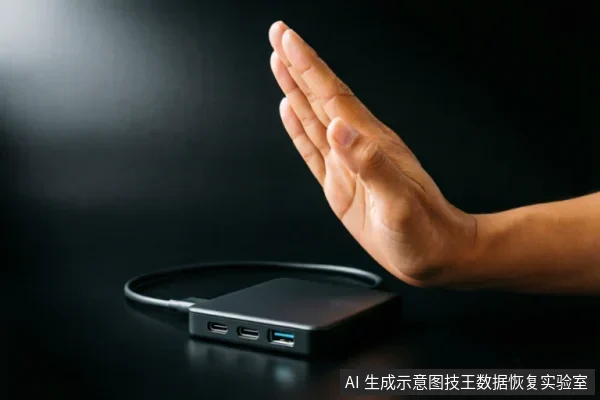 一只手掌在黑色背景前做出明确的停止手势,掌心面向前方,示意拒绝或暂停。前景放置着一个带有数据线的USB扩展坞或多接口适配器,象征性地代表正在被切断连接的外部存储设备。