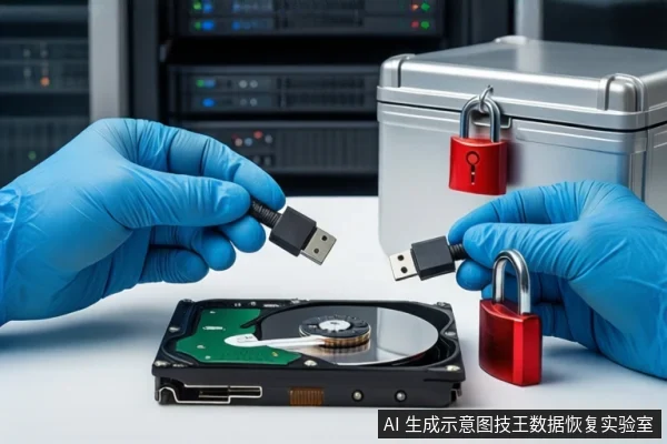 洁净室白色桌面上,前景一双戴蓝色手套的手持USB数据线插头,下方平放一块打开外壳的机械硬盘,右侧为挂有红色挂锁的银色金属防震箱,背景为模糊的服务器机柜。