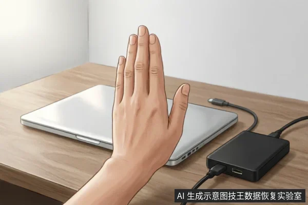一只手掌在银色笔记本电脑前做出停止手势，电脑旁连接着黑色电源适配器及线缆。画面通过肢体语言示意暂停或禁止操作，强调在数据恢复初期切断写入、保护原盘数据安全的“零写入”原则。