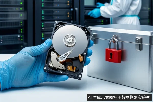 洁净室白色桌面上,戴蓝色手套的双手正持握一块打开外壳的机械硬盘,右侧为挂有红色挂锁的银色金属防震箱,背景为模糊的服务器机柜和一名穿无尘服的技术人员。