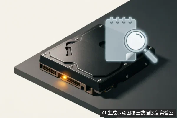 图中展示了一块放置在深色台面上的3.5英寸机械硬盘，其SATA接口处的橙色指示灯处于亮起状态。画面右侧叠加了一个半透明的记事本与放大镜图标，象征着对设备故障现象的记录、观察与排查分析。