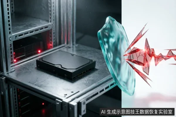 服务器机架内的硬盘旁悬浮着一面半透明蓝色盾牌,正在抵挡右侧射来的红色尖锐能量波。画面通过抽象的防御意象,象征在硬盘出现物理故障征兆时停止扫描操作、保护原始介质完整性的重要性。