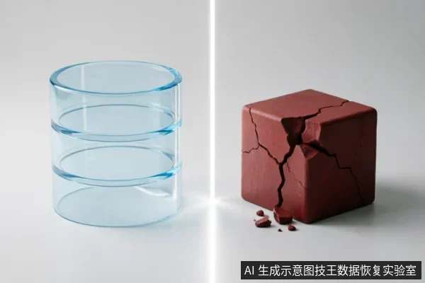 画面被一道垂直光束分为左右两部分。左侧是一个完好透明的圆柱形层叠结构,象征完整的数据存储;右侧是一个深红色且严重破裂、正在崩解的立方体,象征受损或权限丢失的介质。两者形成鲜明对比,直观展示了数据从完好到损坏的状态差异。