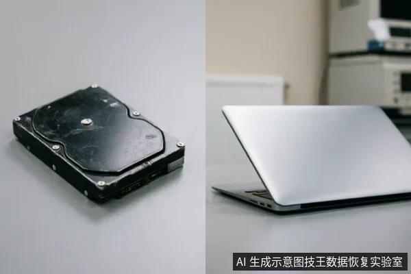 画面左侧展示了一个表面有明显划痕和磨损的黑色机械硬盘,右侧是一台半开的银色笔记本电脑。两者并排置于灰色桌面上,背景模糊可见部分电子测试仪器,直观呈现了故障存储介质与计算设备的主体关系。