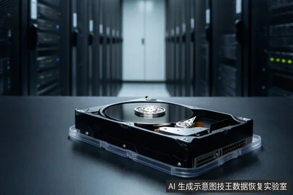 机房走廊背景前，深色桌面上放置一块打开外壳的机械硬盘，可见盘片、主轴与磁头组件，硬盘置于透明托盘中。