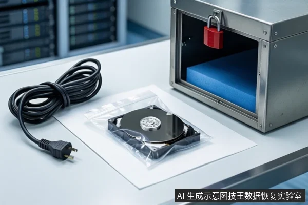 白色桌面上,左侧盘绕一根黑色电源线,中间透明袋内装有一块机械硬盘,右侧为挂有红色挂锁的银色金属防震箱,箱内蓝色垫子上无其他设备。背景为模糊的服务器机柜。