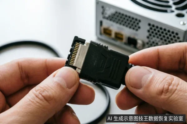双手正捏持一根黑色SATA数据线接口，清晰展示金属触点与卡扣结构。背景虚化显示带有散热孔和接口的银色电源供应器背面，直观呈现数据恢复排查中检查外部连接链与供电接口的操作场景。