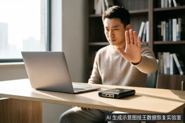一名男子坐在办公桌前，面对笔记本电脑和黑色移动硬盘，举起手掌做出明确的停止手势，示意立即停止操作或通电。
