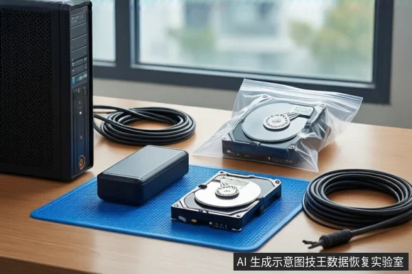木质桌面上，左侧竖立一台黑色塔式主机，中间蓝色防静电垫上平放一块打开外壳的机械硬盘和一个黑色硬盘盒，右侧盘绕一根黑色线缆，背景为模糊的窗户。
