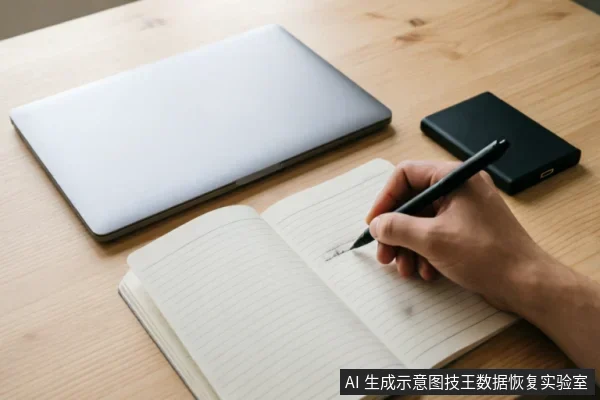 木质桌面上放置着一台闭合的银色笔记本电脑和一个黑色移动硬盘，前景中一只手正握笔在摊开的横线笔记本上书写记录。画面展示了用户在遇到硬件故障时，冷静梳理设备状态、备份情况及操作步骤的记录过程，体现了数据恢复前保护现场与提供准确背景信息的重要性。