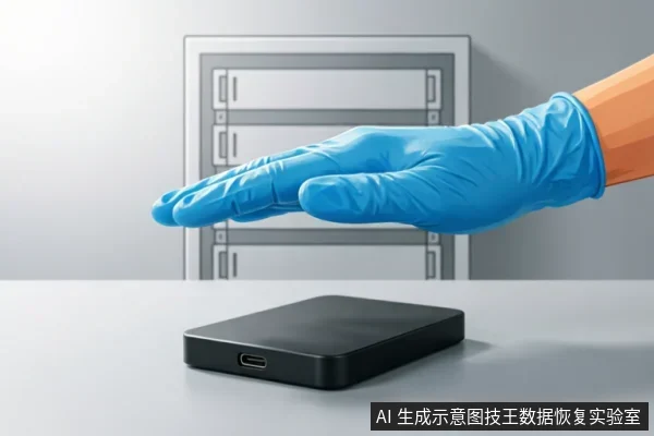 一只戴着蓝色防护手套的手悬停在黑色移动硬盘上方,做出制止或保护的手势,背景为模糊的服务器机架。画面示意在存储设备故障时应停止操作、避免盲目干预以保护数据安全的理念。