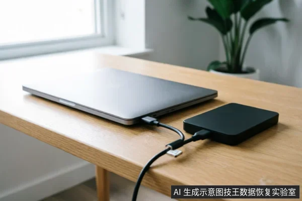 一台银色笔记本电脑放置在木质桌面上，通过黑色数据线连接着一个黑色的移动硬盘，背景有窗户和绿植，展示了设备的外部物理连接状态。