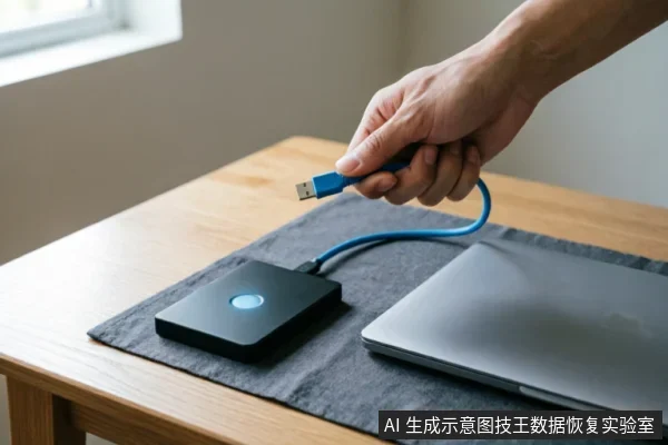 一只手正拿着蓝色USB数据线，准备将其连接至放置在木桌上的黑色移动硬盘。旁边有一台闭合的银色笔记本电脑，设备置于深灰色垫布上，展示了数据恢复前的外部连接排查场景。