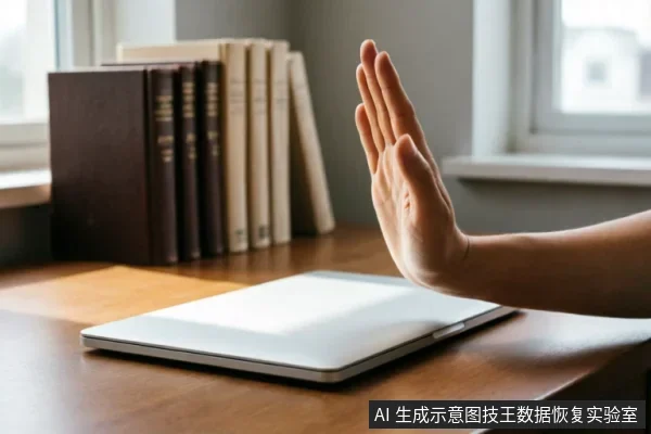 一只手掌在闭合的笔记本电脑前做出明确的停止手势,示意拒绝操作。背景为木质桌面和模糊的书籍,光线柔和。画面直观传达了在面对设备故障时立即停止通电、禁止继续使用的核心警示信息。