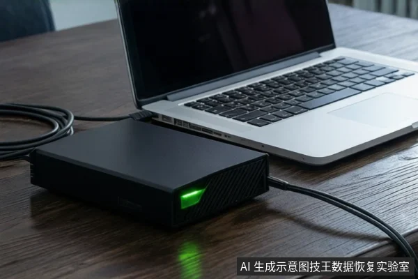 深色木桌上,一台银色笔记本电脑通过黑色线缆连接至一个黑色外接硬盘盒,硬盘盒正面亮着绿色指示灯,左侧盘绕着一根黑色线缆。