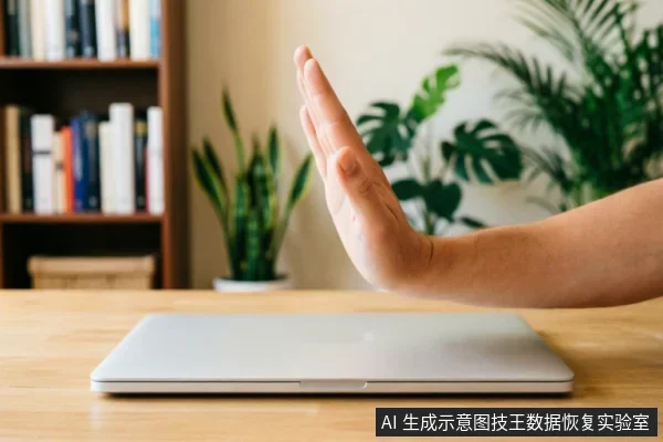 一只手掌在闭合的银色笔记本电脑前做出明确的“停止”手势,示意禁止操作。背景为书架和绿植,营造出办公或家庭环境。画面直观传达了在面对数据丢失时,应停止写入或修复尝试、避免进一步损坏的止损理念。