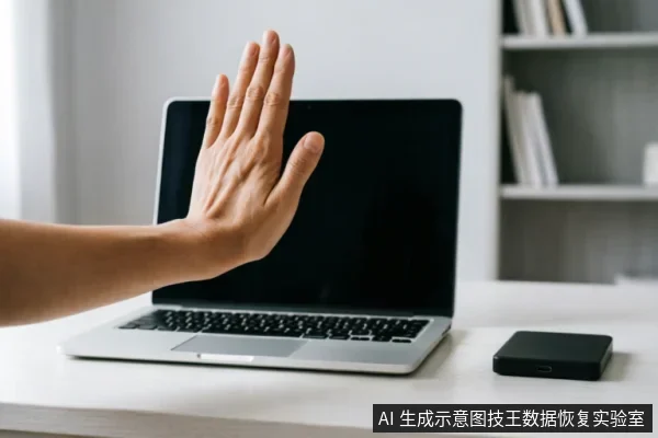 一只手掌在笔记本电脑屏幕前做出停止手势,示意禁止操作。电脑旁桌面上放置着一个黑色的外接移动硬盘盒。背景为模糊的书架,画面传达出在遇到硬件故障时立即停止写入、暂停操作的警示含义。