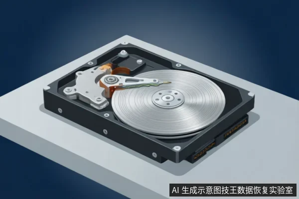 一台打开外壳的机械硬盘置于白色台面上,清晰展示了内部金属磁盘盘片、读写磁头臂及连接排线等核心组件。画面聚焦于硬盘内部精密结构,无任何文字标识或操作演示。