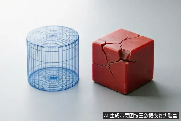 画面左侧为一个蓝色线框圆柱体模型,右侧为一块表面布满裂纹的红色立方体块。两者并排置于白色背景上,通过几何形态与材质对比,抽象地展示了数据逻辑结构与物理介质损坏的状态。