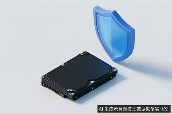 浅灰背景中放置一块黑色机械硬盘,右上方悬浮一个蓝色盾牌图标,示意对存储介质的保护。