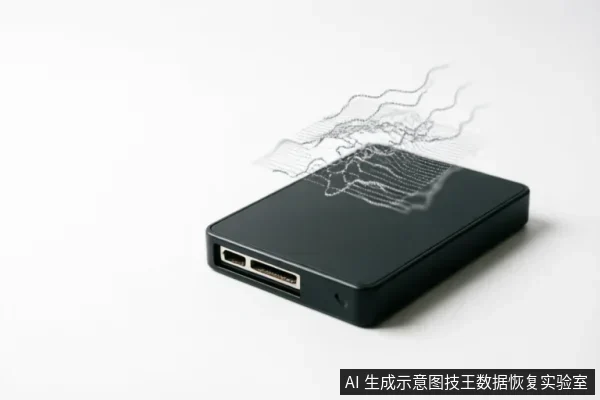 画面展示了一个黑色的长方形移动硬盘,其侧面可见USB和HDMI等接口。硬盘上方悬浮着由细密线条构成的抽象波浪状网格,象征着数据流或数字信号正在从设备中升起或消散。
