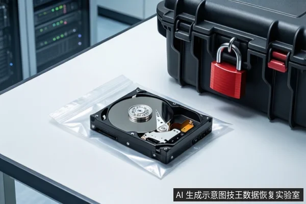 白色桌面上,左侧透明防静电袋内平放一块打开外壳的机械硬盘,右侧黑色防震箱上挂着一把红色挂锁,背景为模糊的服务器机柜。