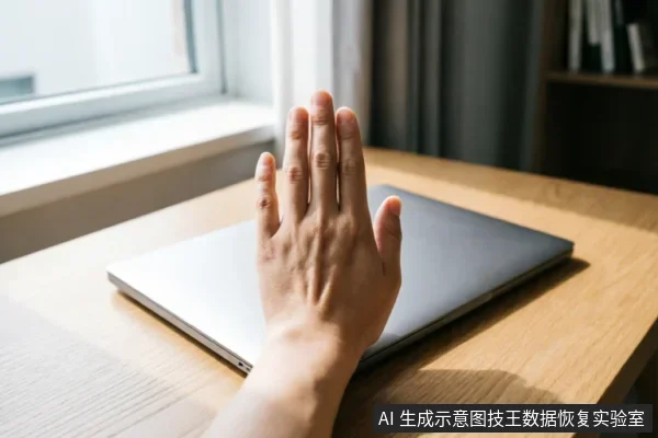 一只手掌在闭合的银灰色笔记本电脑前做出停止手势,电脑放置在木质桌面上,背景有窗户和书架。画面通过肢体语言传达“立即停止操作”或“禁止通电”的警示含义,契合文中关于数据保护需立即断电的建议。