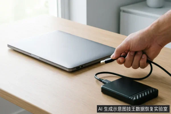 一只手持黑色数据线,正将其连接至放置在木纹桌面上的银色笔记本电脑,旁边放置着一个黑色的外接移动硬盘盒。