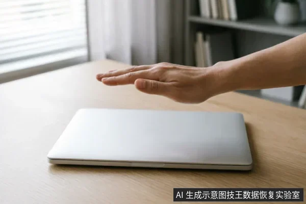 一只手掌悬停在闭合的银色笔记本电脑上方,做出停止或拒绝的手势。电脑放置在木质桌面上,背景模糊可见书架和窗户,示意在遇到硬件故障时应立即停止操作。