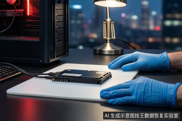 深色桌面上,一双戴蓝色手套的手平放在白色垫子两侧,中间平放一块黑色固态硬盘,左侧连接一根黑色线缆,背景为模糊的城市夜景和台灯。