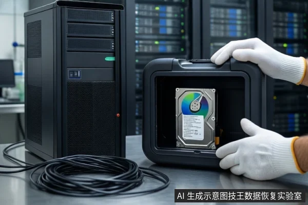 白色桌面上,左侧竖立一台黑色塔式主机,前方盘绕黑色线缆;右侧一个打开的黑色防震箱内固定着一块机械硬盘,一双戴白色手套的手正扶着箱体,背景为模糊的服务器机柜。