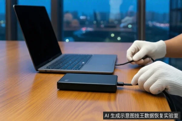 木质桌面上放置一台打开的黑屏笔记本电脑，前方平放一个黑色移动硬盘。一双戴白色手套的手正握持黑色线缆，将其插入硬盘侧面接口。背景为模糊的窗户和城市夜景。
